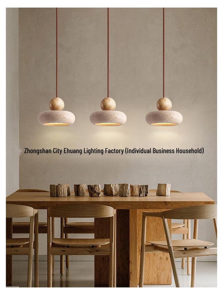 Retro Wabi-Sabi Yellow Travertine Pendant Light - Small Bedside Lamp for B&B or Bar, Solid Wood Round Ball Design