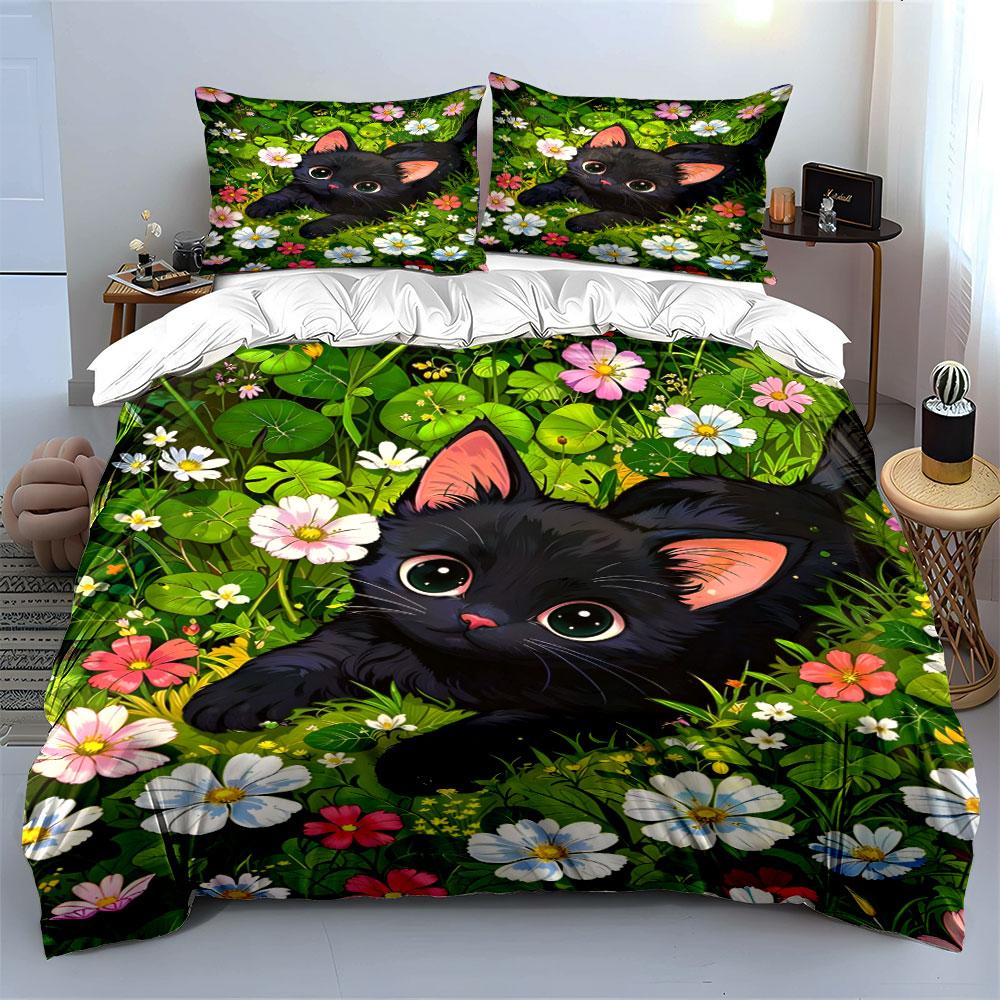 Cute Floral Cat Set - Home Decor Accessories Multiple Sizes Kid'S And Adults' Bedroom Exquisite 3Pc Bedding Set, Gift