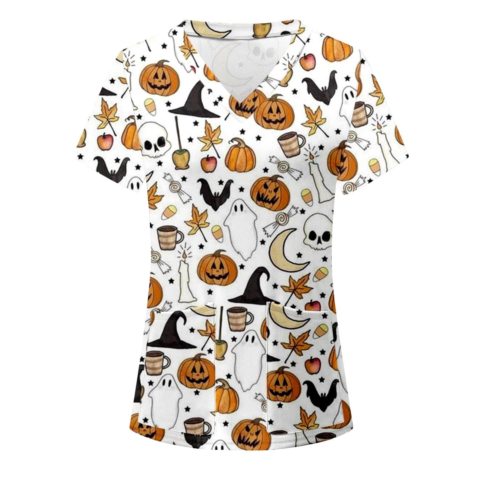 

Ladies Casual V-Neck Short Sleeve Halloween Print Uniform T-Shirt S белый