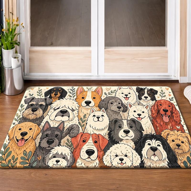 Cartoon Multi Dog Breeds Doormat Puppy Group Non Slip Welcome Mat Ideal Entry Rug for Dog Lovers Front Door Decor