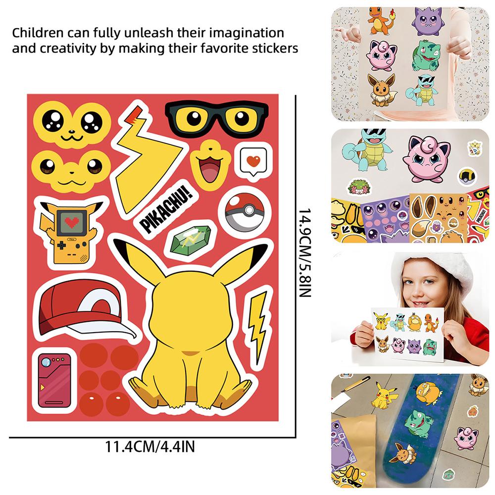 16 Sheets Anime Pokemon Make A Face Puzzle Stickers Kids Cartoon Diy Funny Assemble Jigsaw Decals Children Toys Party Gifts