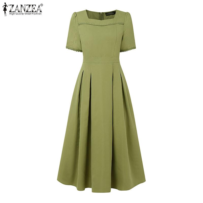 ZANZEA Women Summer Square Collar Casual Short Sleeve Long Dress