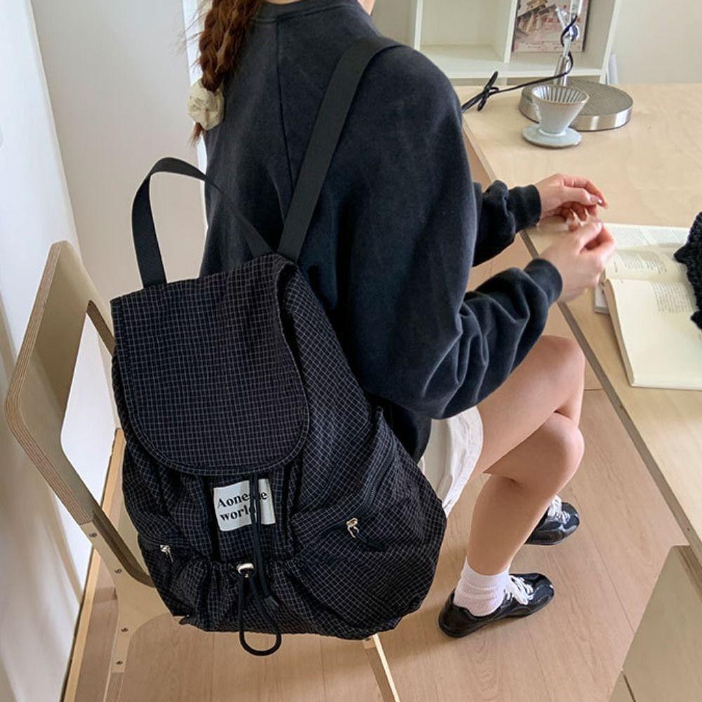 Karomuster Raffung Schultertaschen Koreanische Studenten Schultasche Trendige Rucksack mit Kordelzug Herren Damen