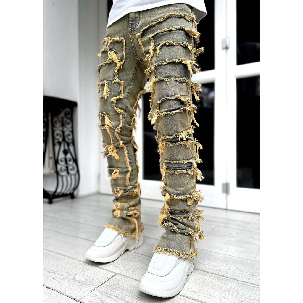 Jeans FlowStreet Y2k Stile Hip-hop con Frange, Jeans Elasticizzati Casual Stile Street da Uomo