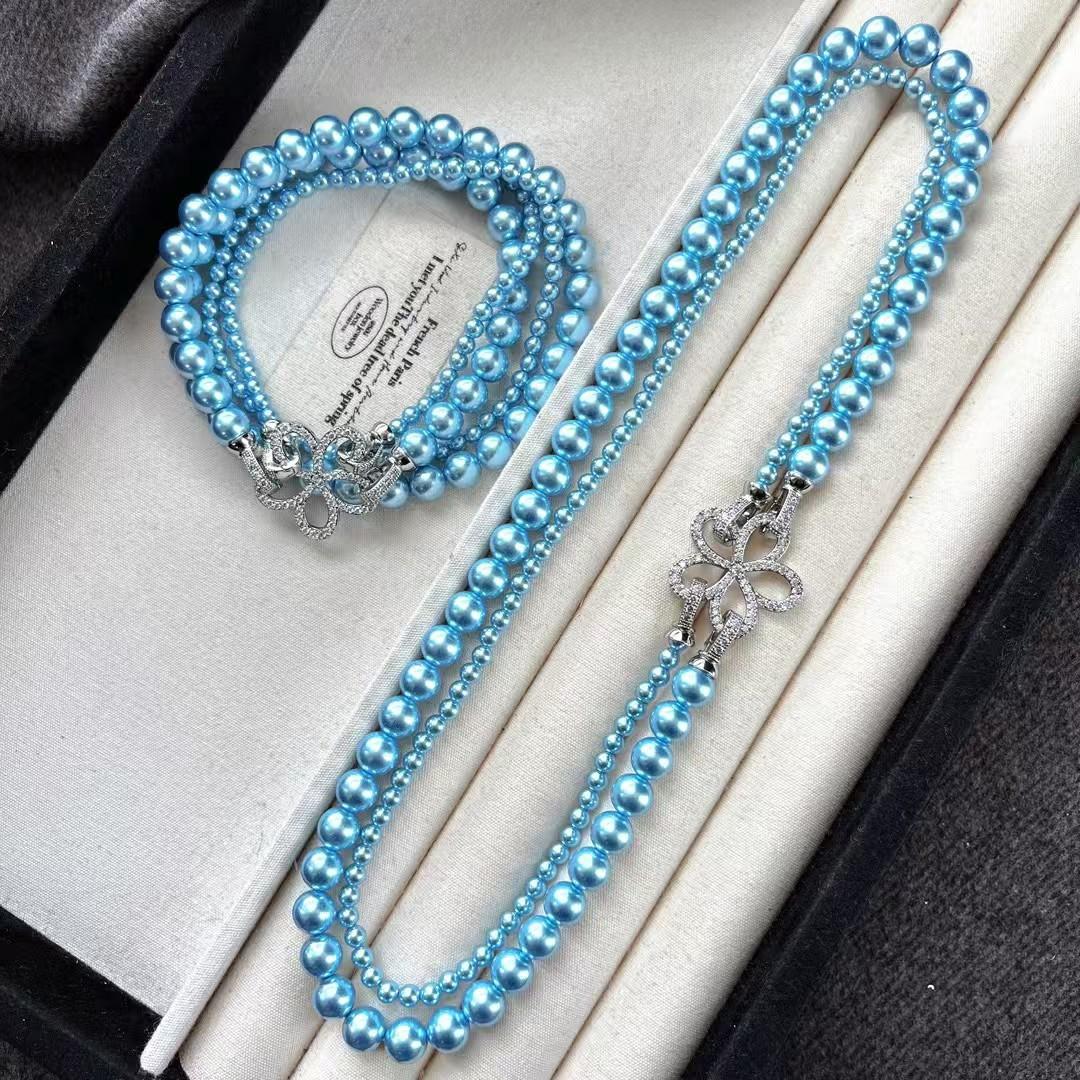 

Retro Design Detachable Double Layer Blue Enchantress Faux Crystal Pearl Clavicle Chain Sweater Chain