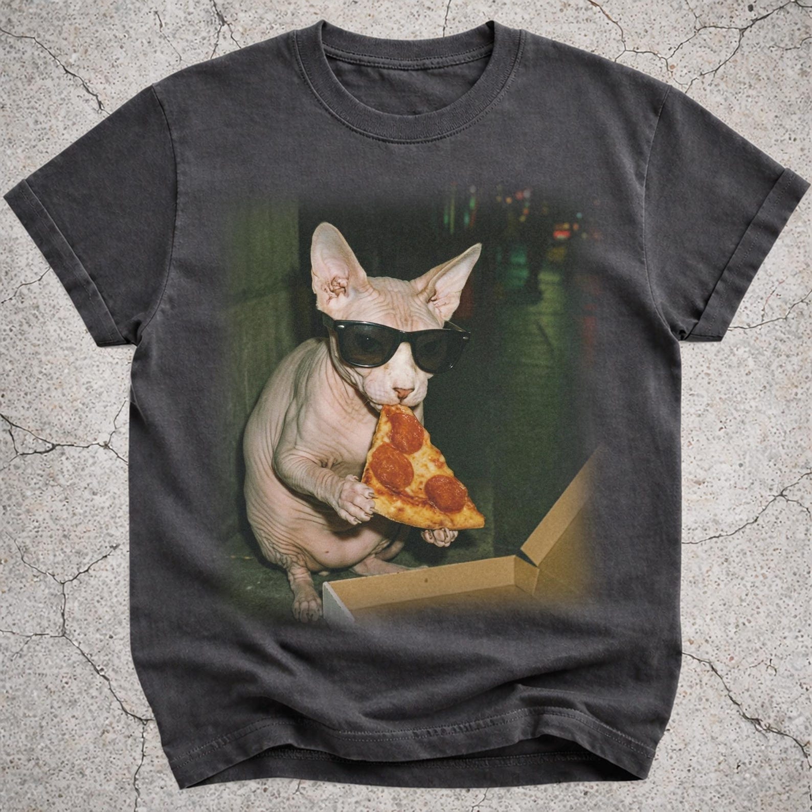 Funny Sphynx Cat Eating Pizza Shirt, Pizza Cat Meme Tee, Vintage Photo T-Shirt, Pizza Lover Gift, Cat Owner Shirt 2XL