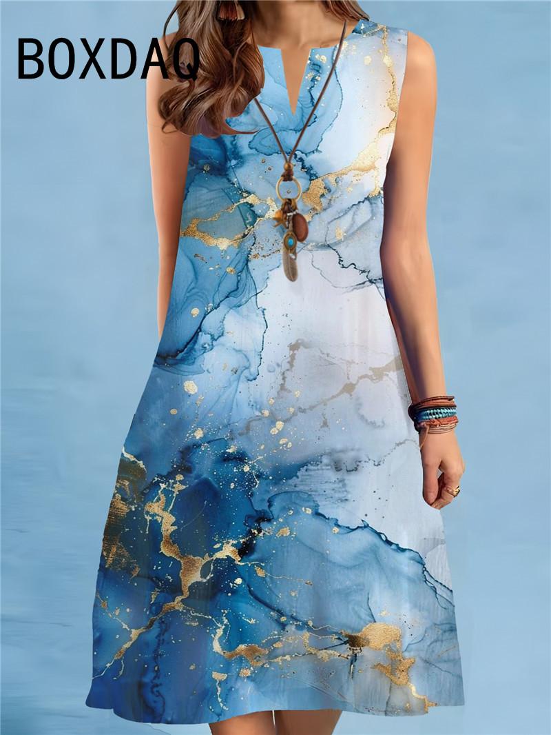 Gradient Striped Printed Women s Dress Summer New Sleeveless V-neck Loose Casual Mini Dress Ladies Thin Summer Sundress 5XL