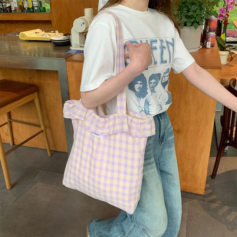 Summer Floral Plaid Ruffles Women Shoulder Bags Retro Flower Ladies Shopping Bag Handbags Commute Light Portable Girls Book Tote