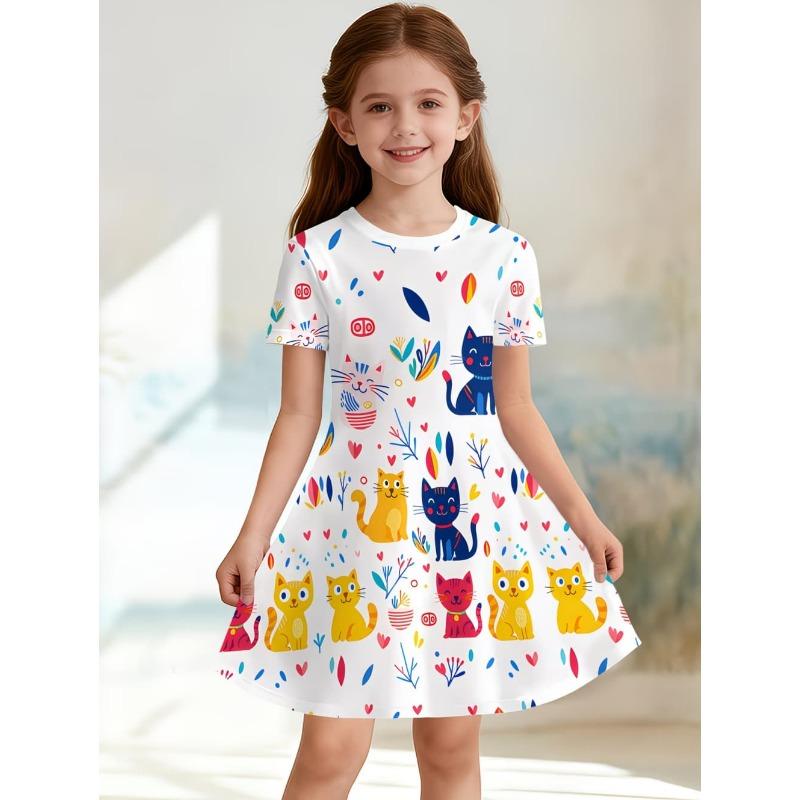 Cute Cat Girls' Princess Dress Summer Casual Dress for Girls Cartoon Graphic Outfit O-Neck Birthday Gifts Children Clothes