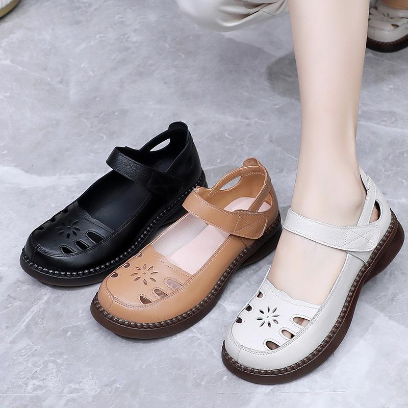 GKTINOO 2025 Summer Genuine Leather Hollow Shoes Woman Sandals Casual Mom Flat Soft Sole Comfortable Sneakers Non-slip
