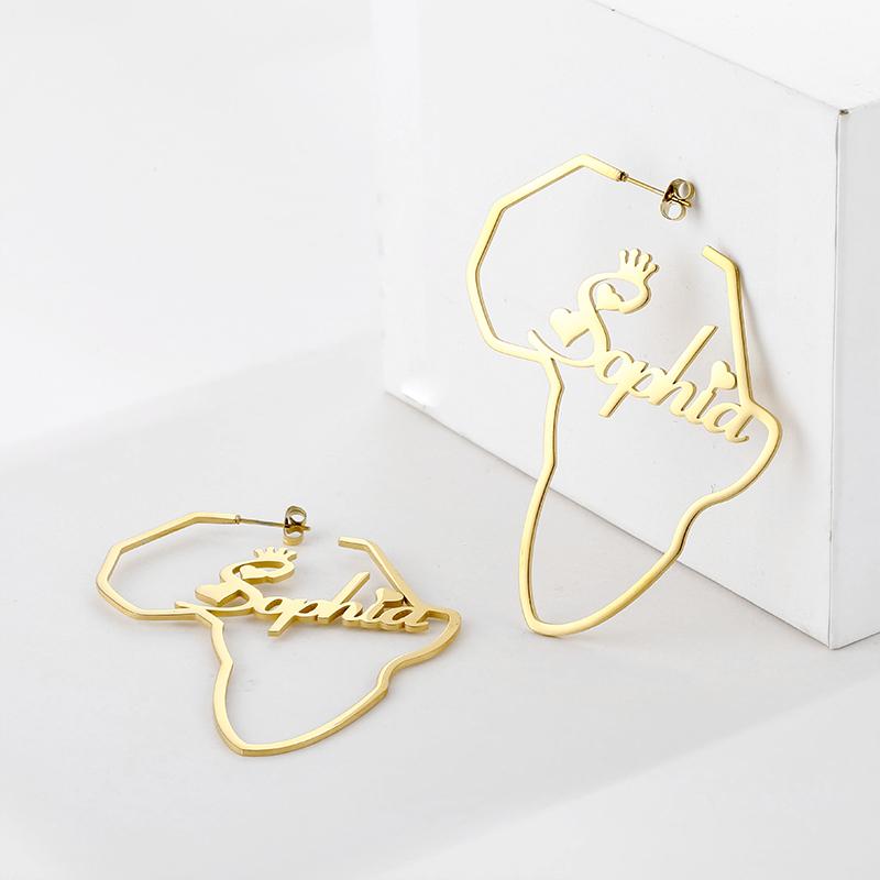 High Quality 18k Gold Plated Africa Map Earrings Jewelry Custom Stainless Steel Love Word Earring for Women