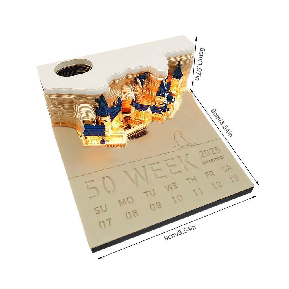 3D Magisches Schloss Wochenkalender Notizblock mit Licht 3D Papierschnitzkunst Handwerk Notizblock Haftnotizen Memoblöcke Heim Schreibtisch Deko