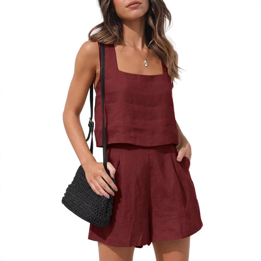Summer Women's Comfortable Casual Set - Linen Shorts and Sleeveless Top
