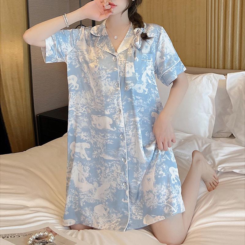Smudged Ice Silk Pajamas Summer Thin Cardigan Short-Sleeved Medium And Long Pajamas Can Be Worn Outside Loungewear