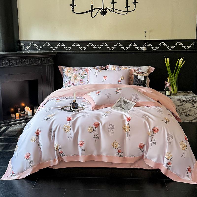 100-Piece Light Luxury Long-Staple Cotton Reactive Print 4-Piece Bedding Set with Wide-Edge Bed Sheet & Duvet Cover