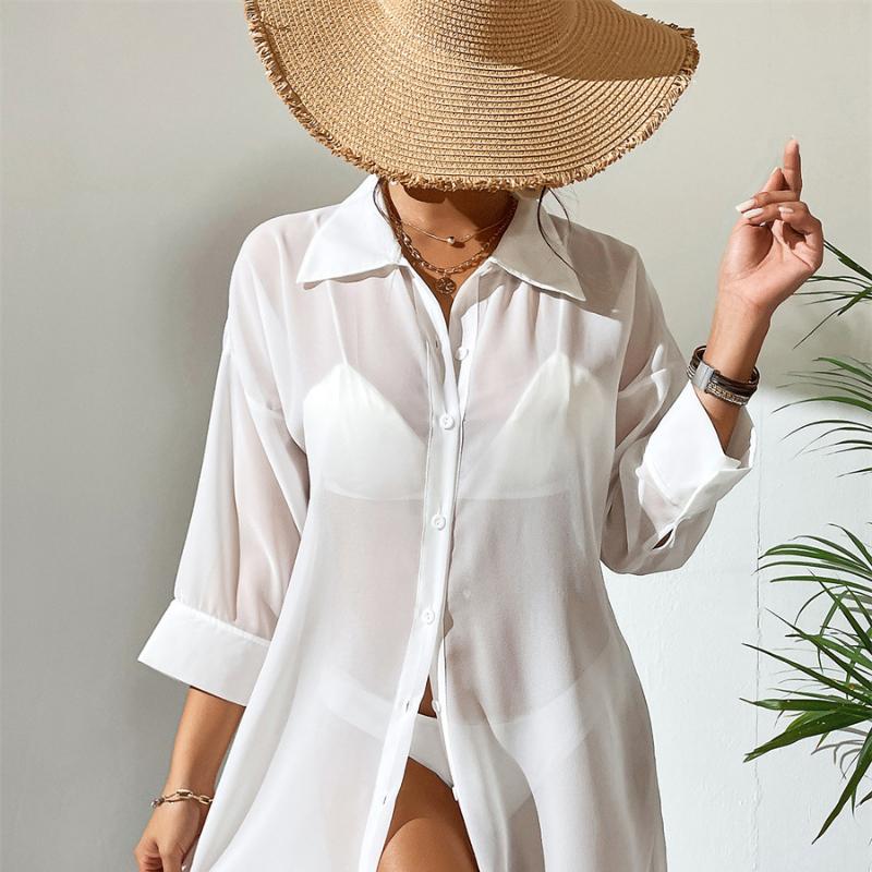Women's Chiffon Shirt Polo Casual Blouses Beach Sunscreen Shirt Tulle Top