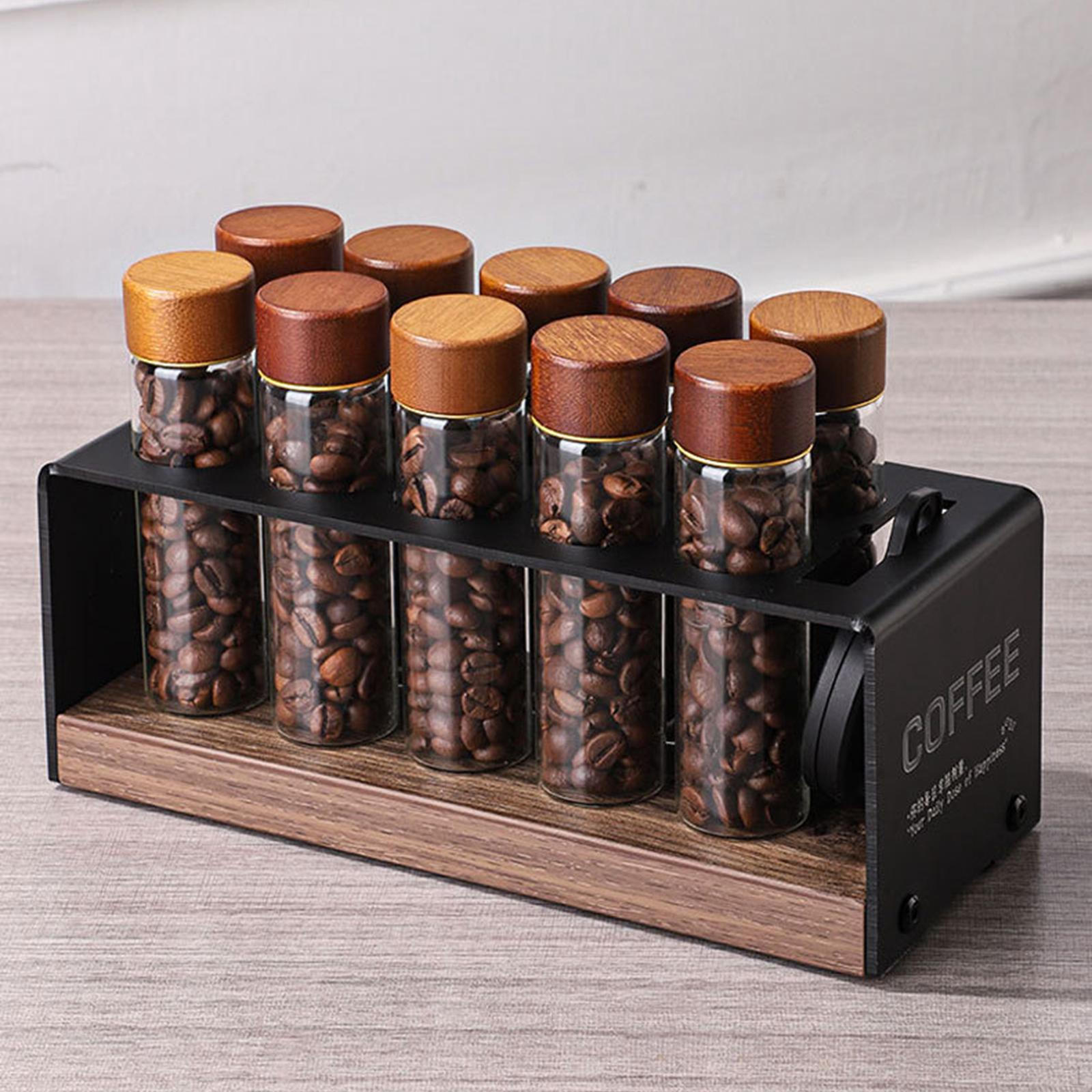 

Coffee Bean Seal Tubes Dispenser Rack Wooden Base for Kitchen Countertop Display Accessory