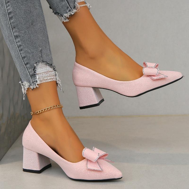 

Fashion Coarse heeled suede women s shoes new black professional work shoes flight attendant civil servant bow formal high heels women 34 розовый