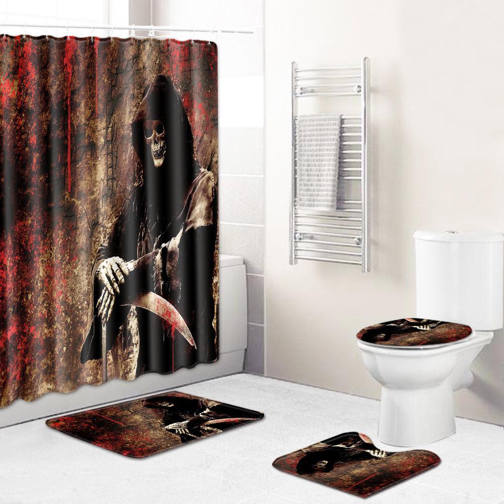Skull Shower Curtain Floor Mat Combination Four-Piece Set Bathroom Toilet Carpet Shower Room Mat Foot Mat