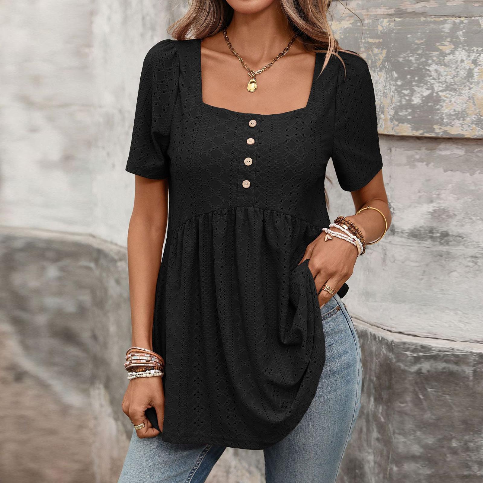 Women s Square Collar Single-breasted Casual Short-sleeved Skirt Top L чёрный