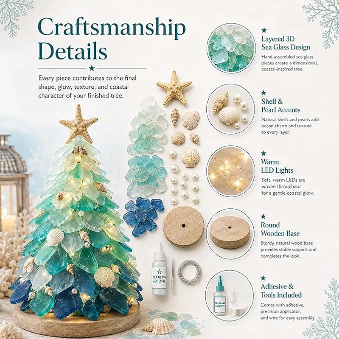 Sea Glass Christmas Tree 3D Glowing Handmade Art Set Jellyfish