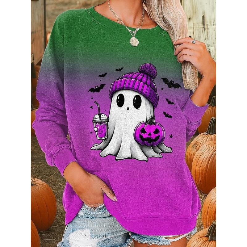Fall Winter Pullover Women's Halloween Ghost Printed Sweatshirt 3D Print O-Neck Long Sleeve Tops Women's Apparel Y2K Streetwear