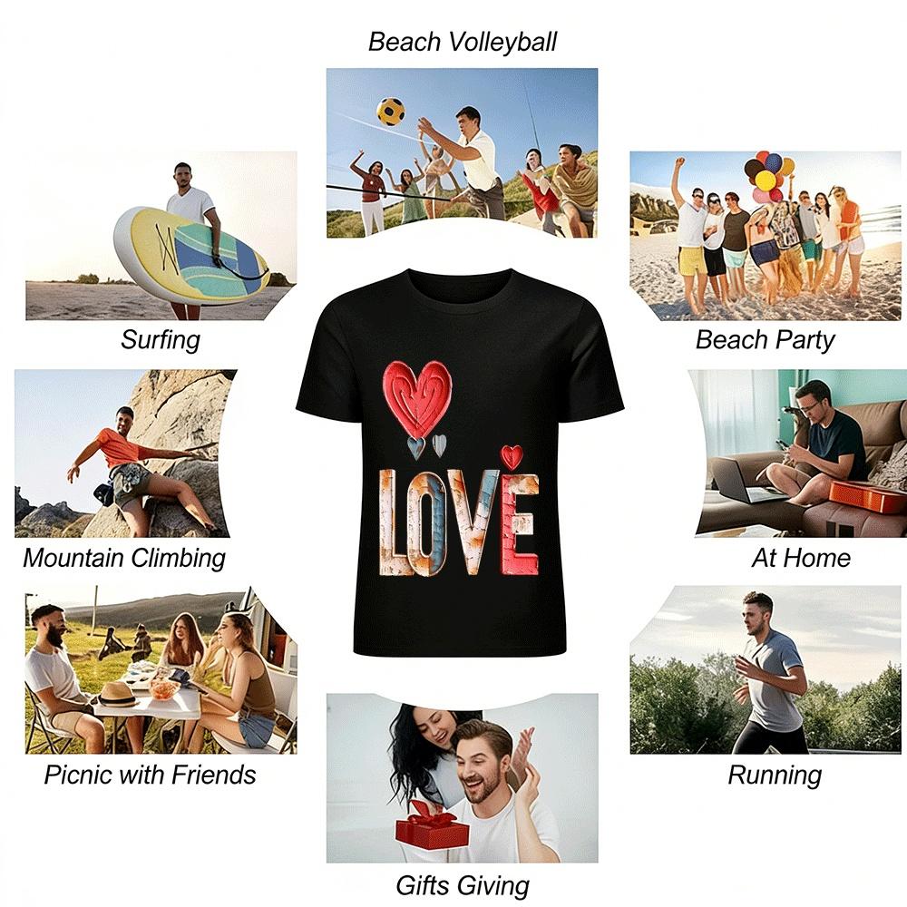 Vintage Distressed Heart LOVE Print Casual Couple Short Sleeve Top Pure Cotton T-shirt