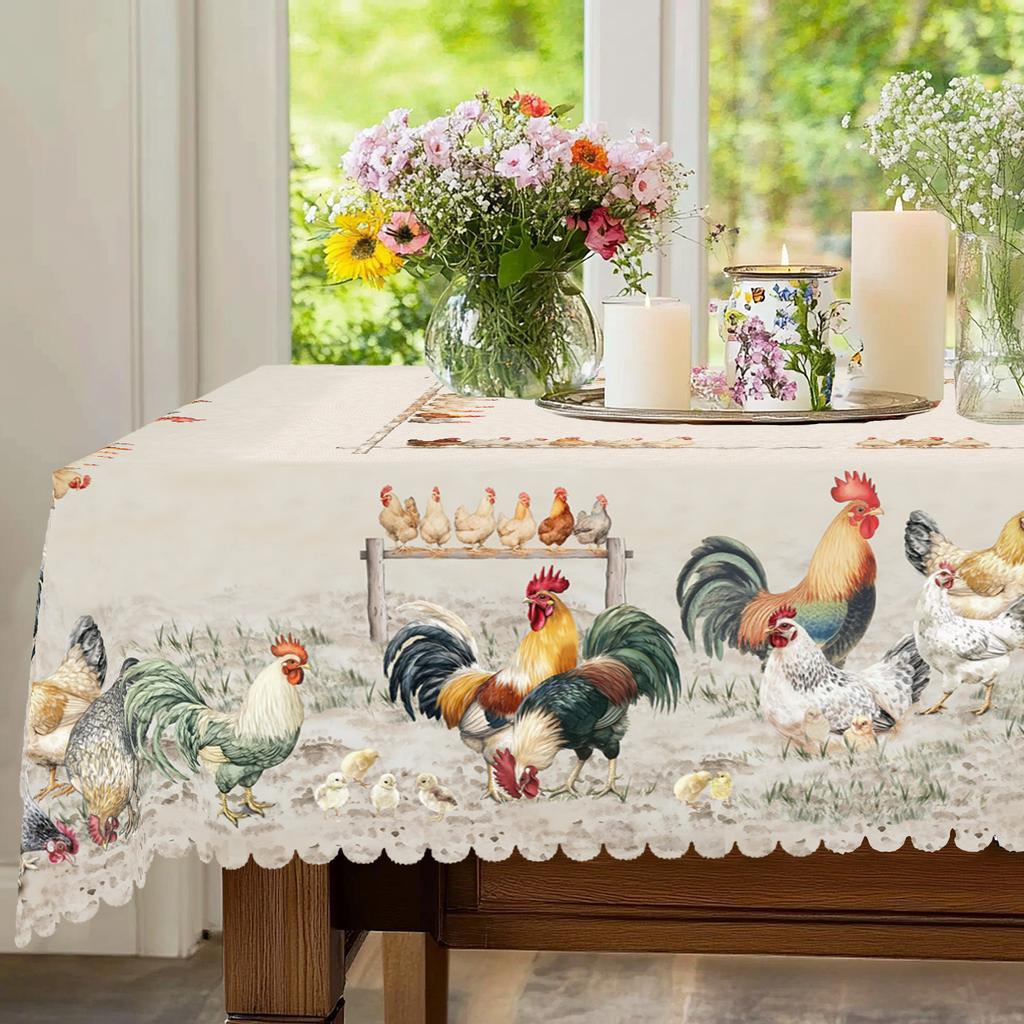 1 Stück Retro Bauernhof Hahn, Henne und Küken Muster Tischdecke, Bauernhaus Stil Frühlings- und Sommerdekoration, Polyester Maschinenwaschbare Tischdecke,