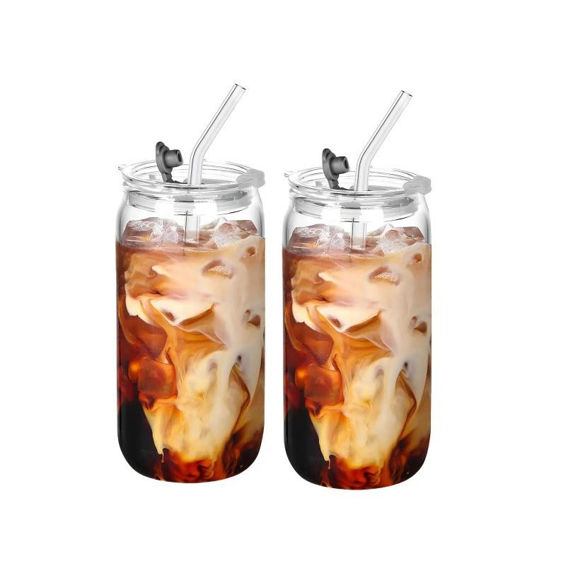 

2/4PCS 16oz Transparent Glass Cup with Lids Straw Reusable Drinkware Glasses Iced Coffee Tumblers Drinks Office Camping & Party 401-500ml