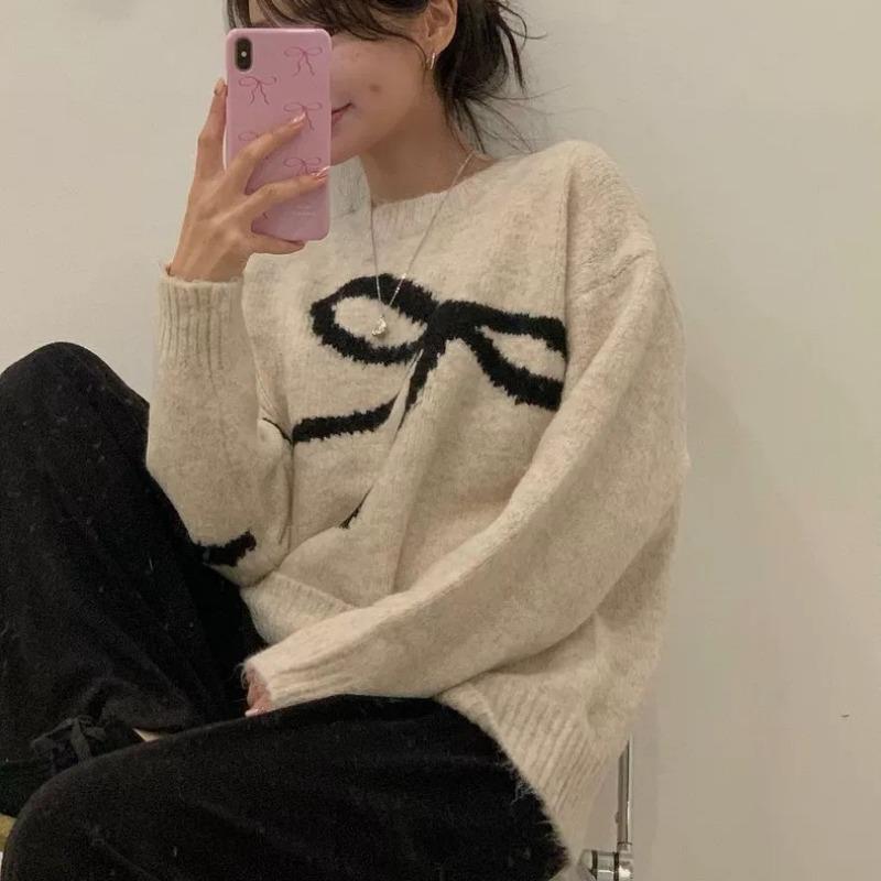 Elegant Korean O-neck Bow Tie Pattern Sweet Pullover Sweater Autumn Women Long Sleeve Casual Knitted Top Loose Fashion Winter Simple Knitwear