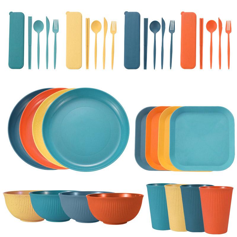 36Pcs/set Wheat Straw Eco-Friendly Ramen Bowl Wheat Dinnerware Sets Unbreakable Eco-Friendly Reusable Tableware Set for Picnic