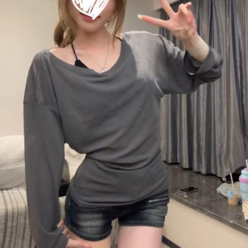 Sexy Thin See Through Long Sleeve Oversize T Shirt Women Bandage Off Shoulder Female Basic Long Tees Korean Chic Lady
