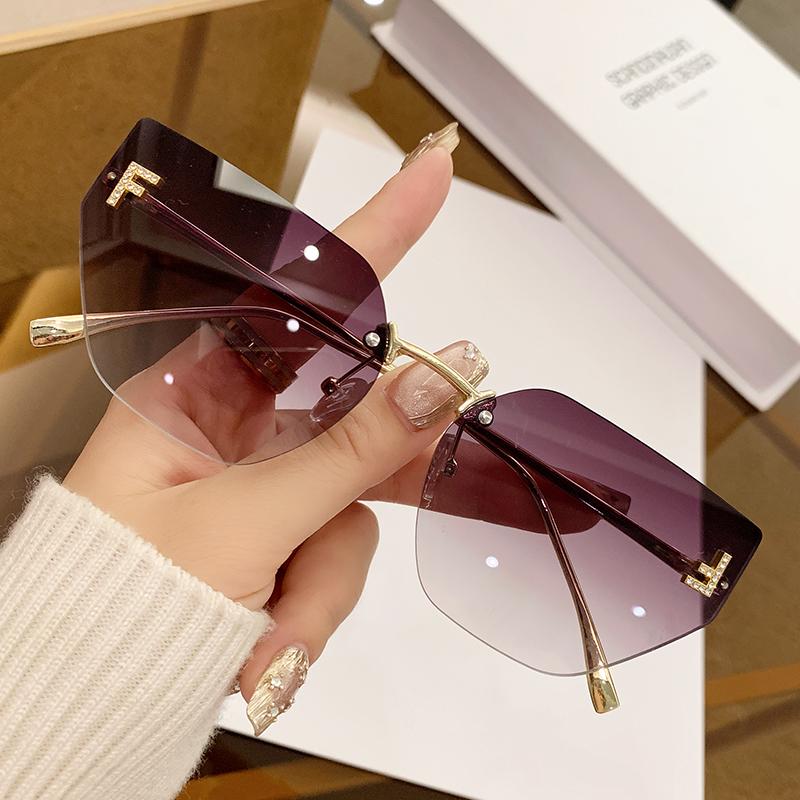 New Sunglasses Fashionable Retro Diamond-set Letters F Sunglasses Metal Frameless Edge Cut 90272
