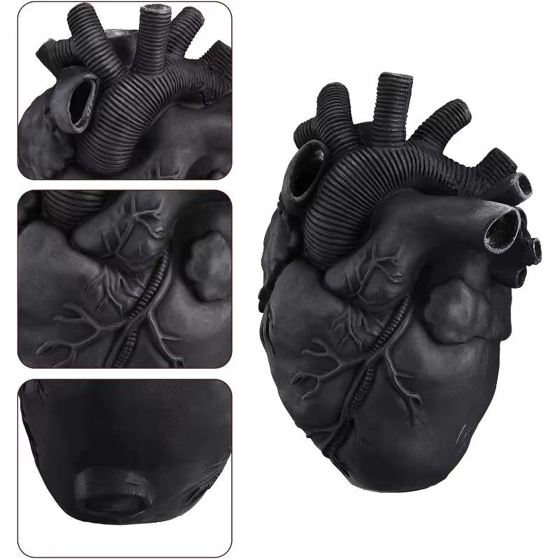 Black Anatomical Heart Vase Simulation Heart-Shaped Art Resin Vase Decorative Potted Flower Vessel Gift Room Office Desk Decor