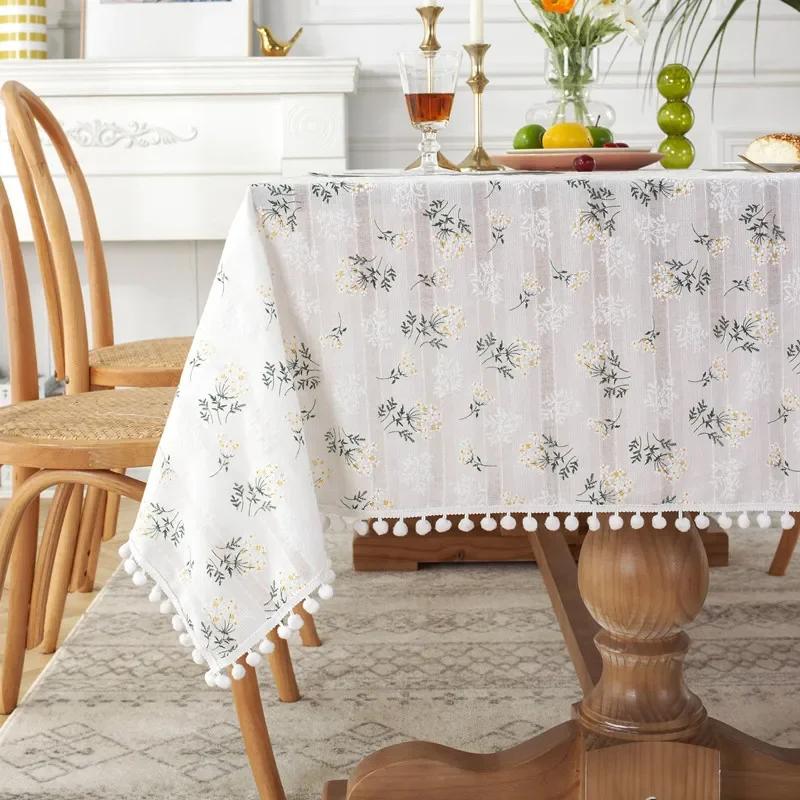 White Pompom Tablecloth Rectangle Boho Jacquard Dust-Proof Table Cover For Kitchen Dinning Living Room Tabletop Home Decorations