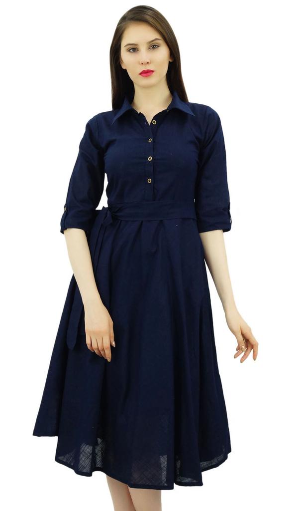 Bimba Women's 3 4 Sleeve Linen Collar Neck Solid Flared Shirt Dress with Side