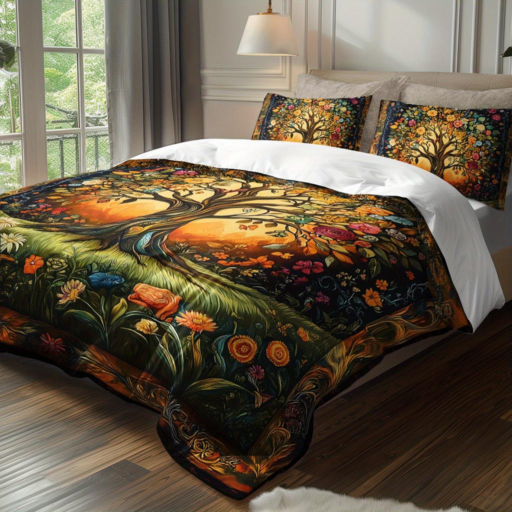 3Pcs Bohemian Floral Tree Of Life Bedding Duvet Cover Set Tree Of Life Bedding Quilt Set Floral Themed Bed Quilt Set Vintage