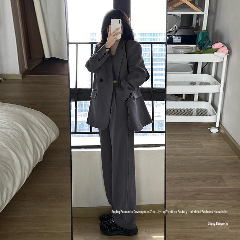 Women's Gray Blazer Jacket and Pants Two-Piece Set for Early Autumn 2025 - Petite Casual Suit