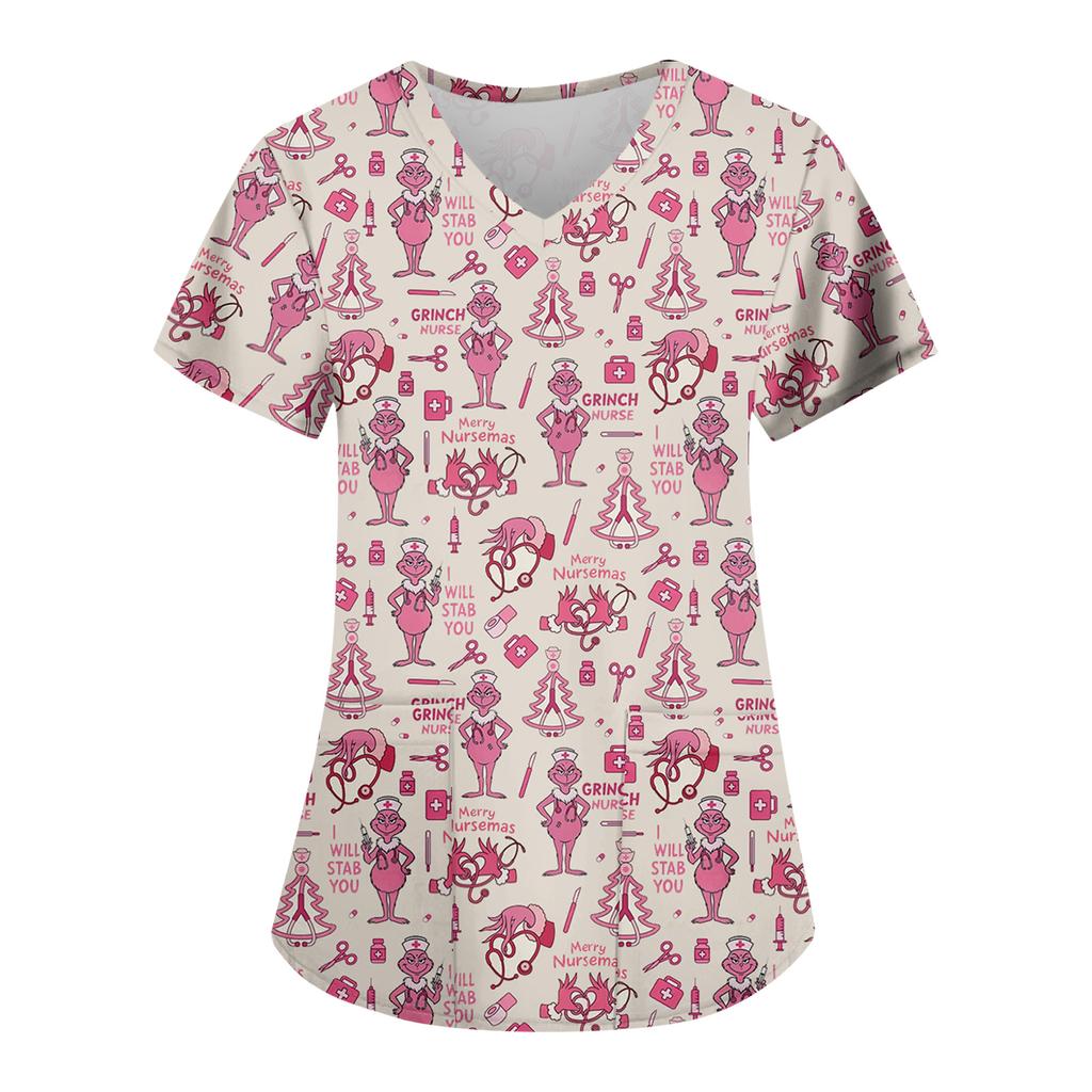 Women's Fashion Casual Christmas Print Pocket T-shirt Top