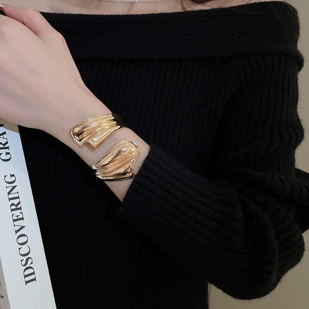 Metal Alloy Wide Opening Bangle Ribbon Shaped Irregular Dough Twists Irregular Wide Bracelet Gold Silver Jewelry Accessories