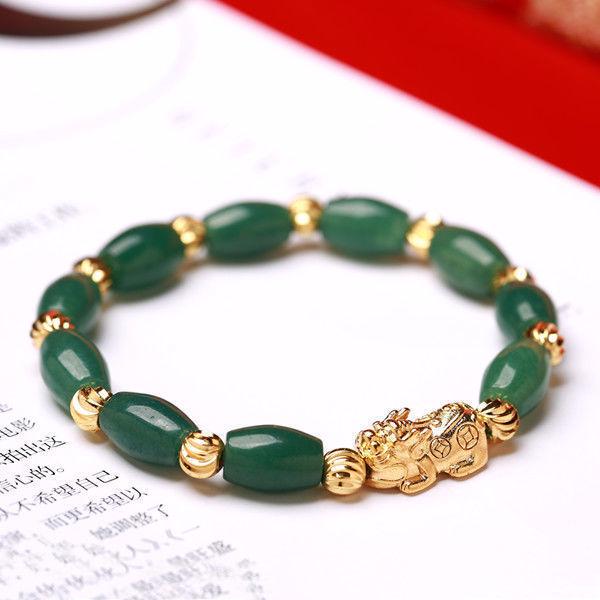Emerald Color Sand Gold Pixiu Bracelet - Women's Jade-Style Bangle Gift