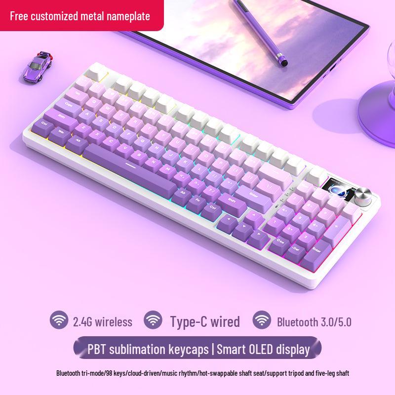 98-Key Wireless Bluetooth Mechanical Keyboard - Blue Switches, PBT Gradient, Gaming/Office, Customizable.