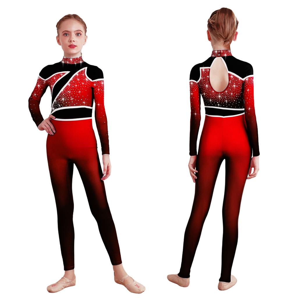 Kids Gymnastics Costume Color Block Bodysuit Mock Neck Long Sleeve Shiny Rhinestones Back