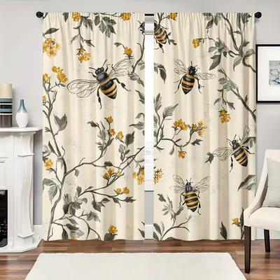 2 Pcs Bee Flower Print Curtains,suitable for Bedroom,living Room Kitchen Decoration,home Decoration,window Decoration