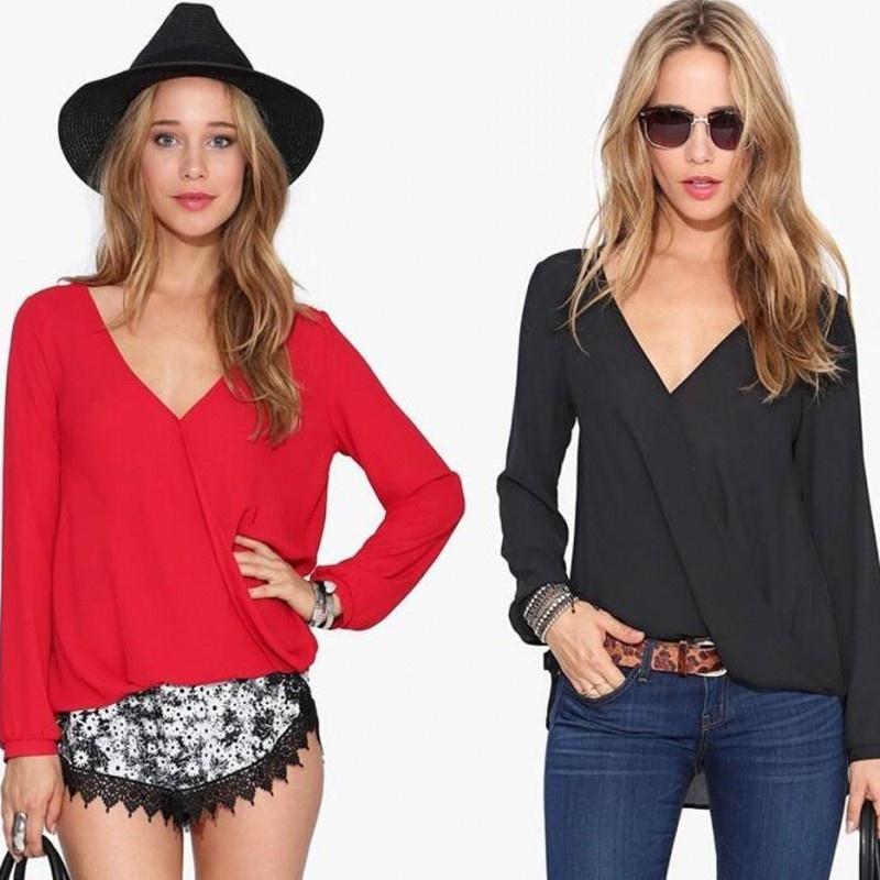 T-shirt Eleganti da Donna Manica Lunga Sottile Scollo a V Camicia in Chiffon Bianca Nera Rossa