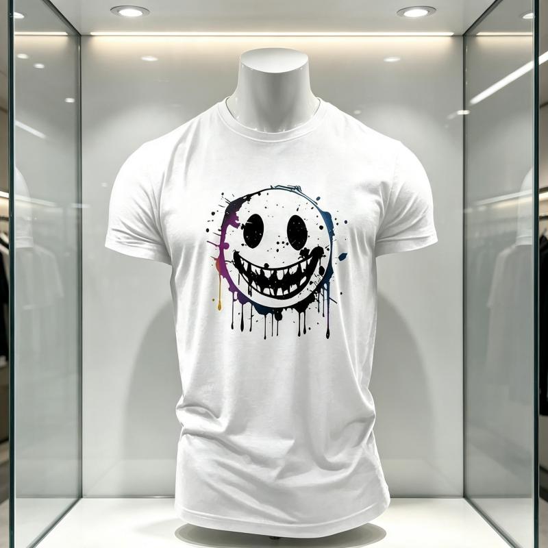 Fun 2D Smiling Face Printed Tshirt for Unisex Hiphop Retro Original Dojo Streetwear Casual Loose Short Sleeves Summer Style