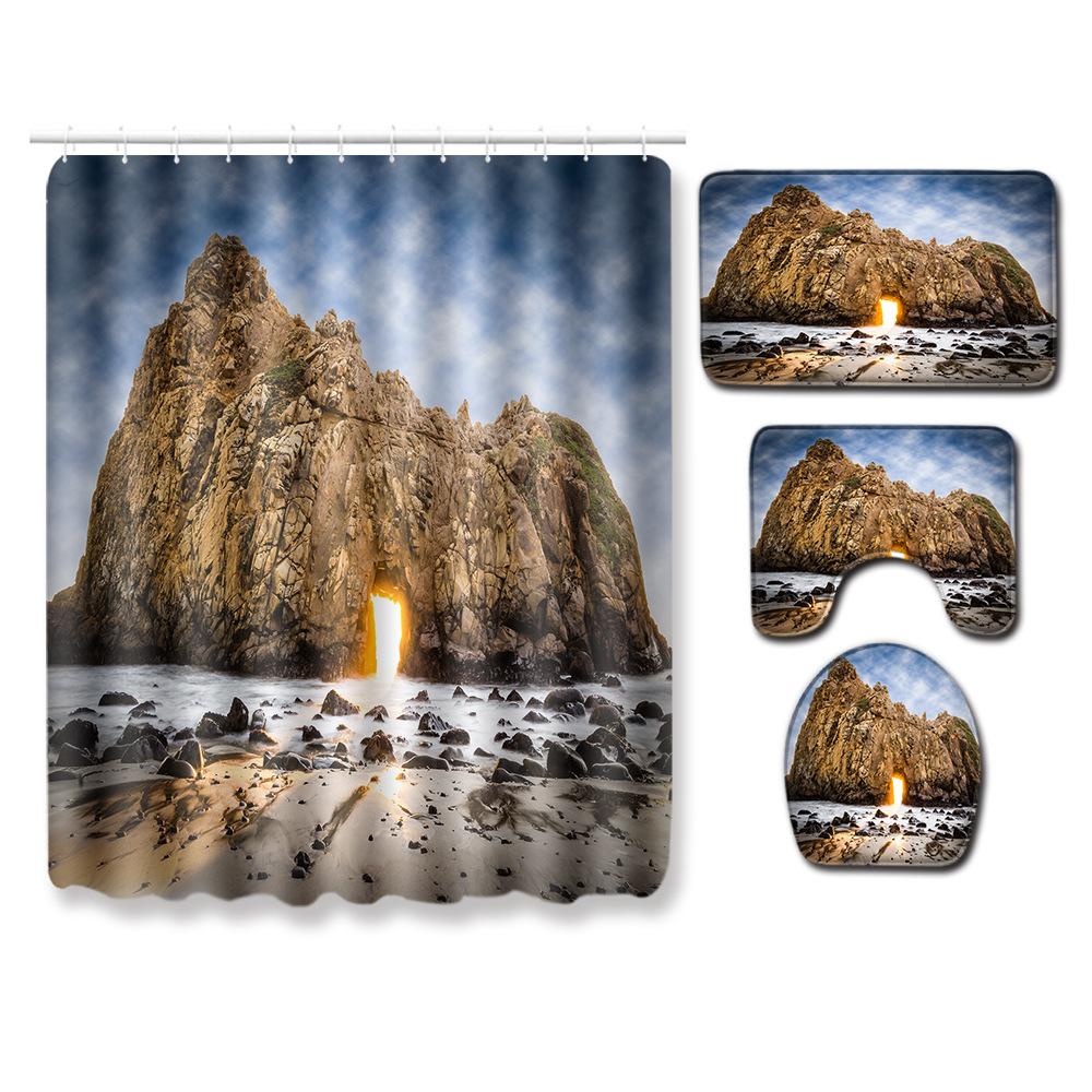 Landscape Shower Curtain Floor Mat Combination Four-Piece Set Bathroom Toilet Carpet Shower Room Mat Foot Mat