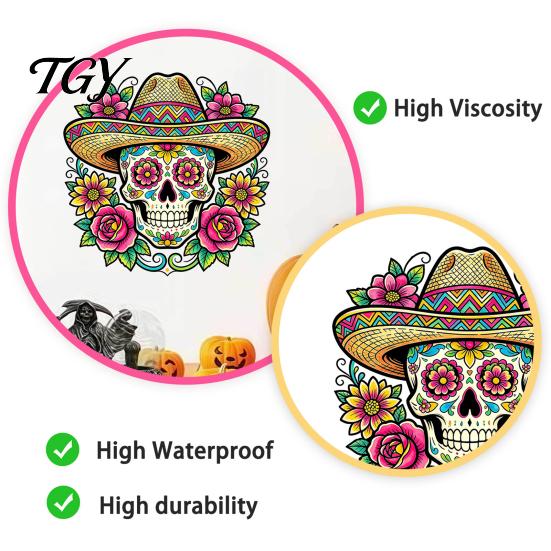 Décoration de Fête Latino-Américaine Fleur Crâne Sticker Mural, Décoratif Créatif Doux Décorations Cadeaux Autocollants du Jour des Morts, PVC Imperméable Amovible