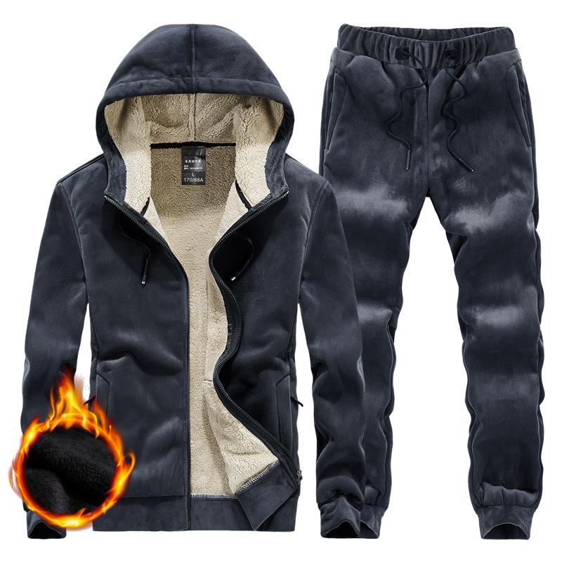 Men's Casual Thickened Warm Winter Plush Sweater Suit Lamb Fleece Winter Two-piece Sports Coat for Men's Leggings Pant Suit