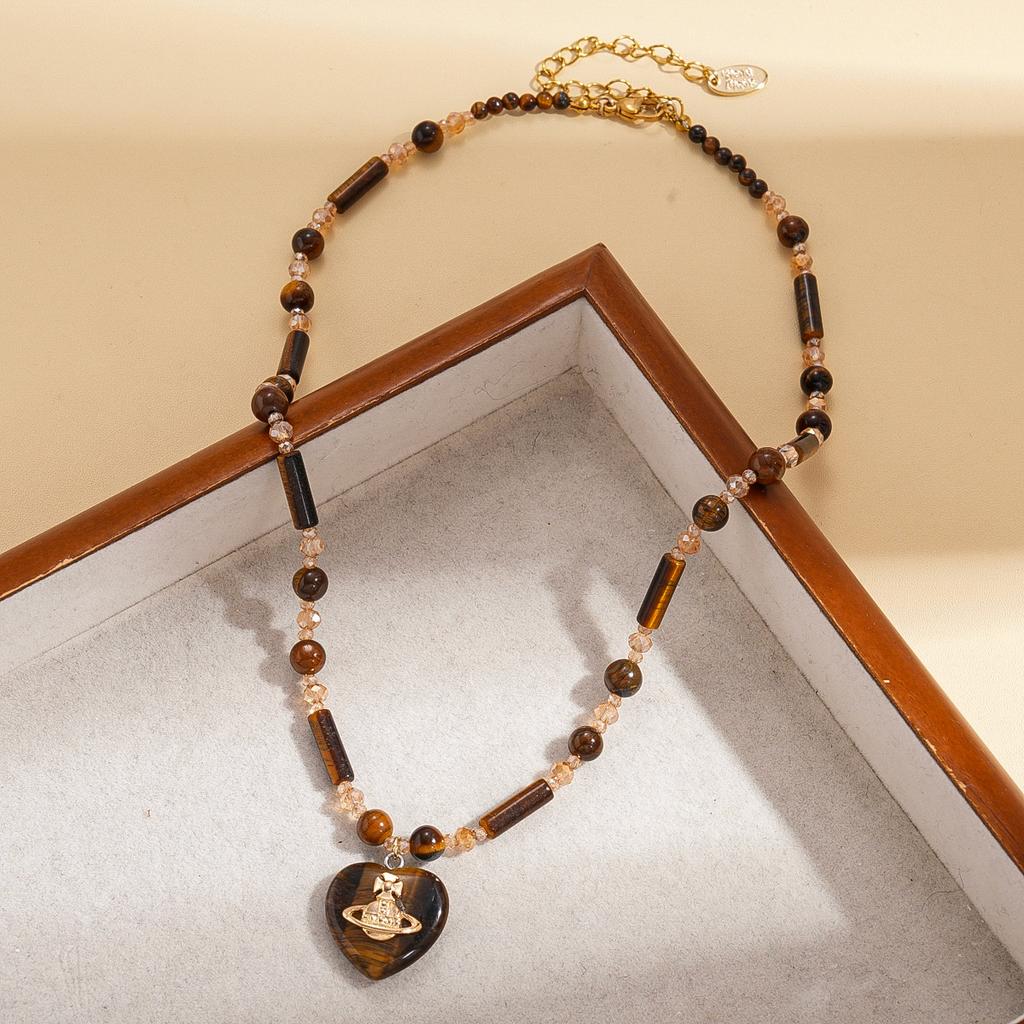 Tiger's eye stone beaded love Saturn water drop pendant sweater chain autumn and winter fashion necklace